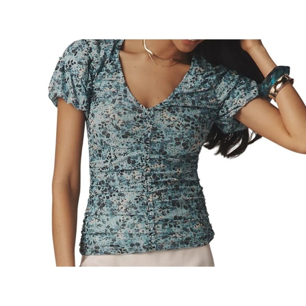 Anthropologie Womens L Blue Floral Short Sleeve Shirred Mesh Top